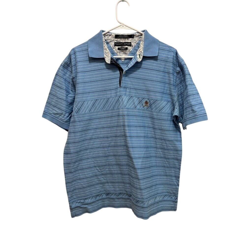 Tommy Hilfiger Men's‎ Blue Striped Polo Shirt Size L Mercerized Cotton